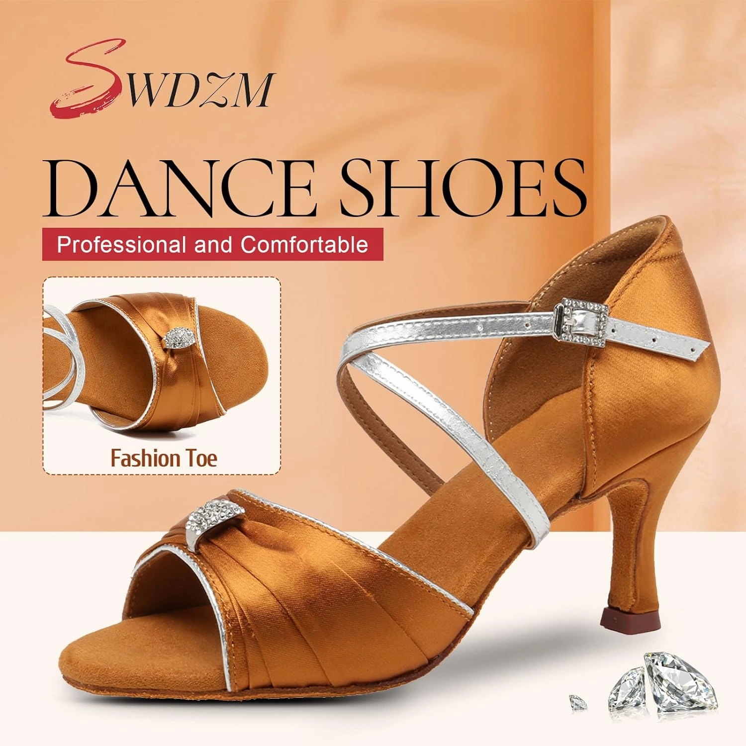 SWDZM Womens Latin Dance Shoes Satin Professional Ballroom Salsa Party Dancing Shoes with Strass