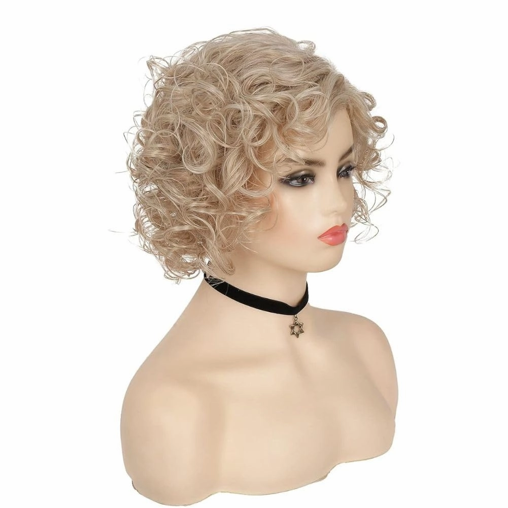 Swiking Short Blonde Curly Wigs for White Women with Side Bangs Fluffy Natural Synthetic Fiber Hair Wig for Daily Party Costume Use