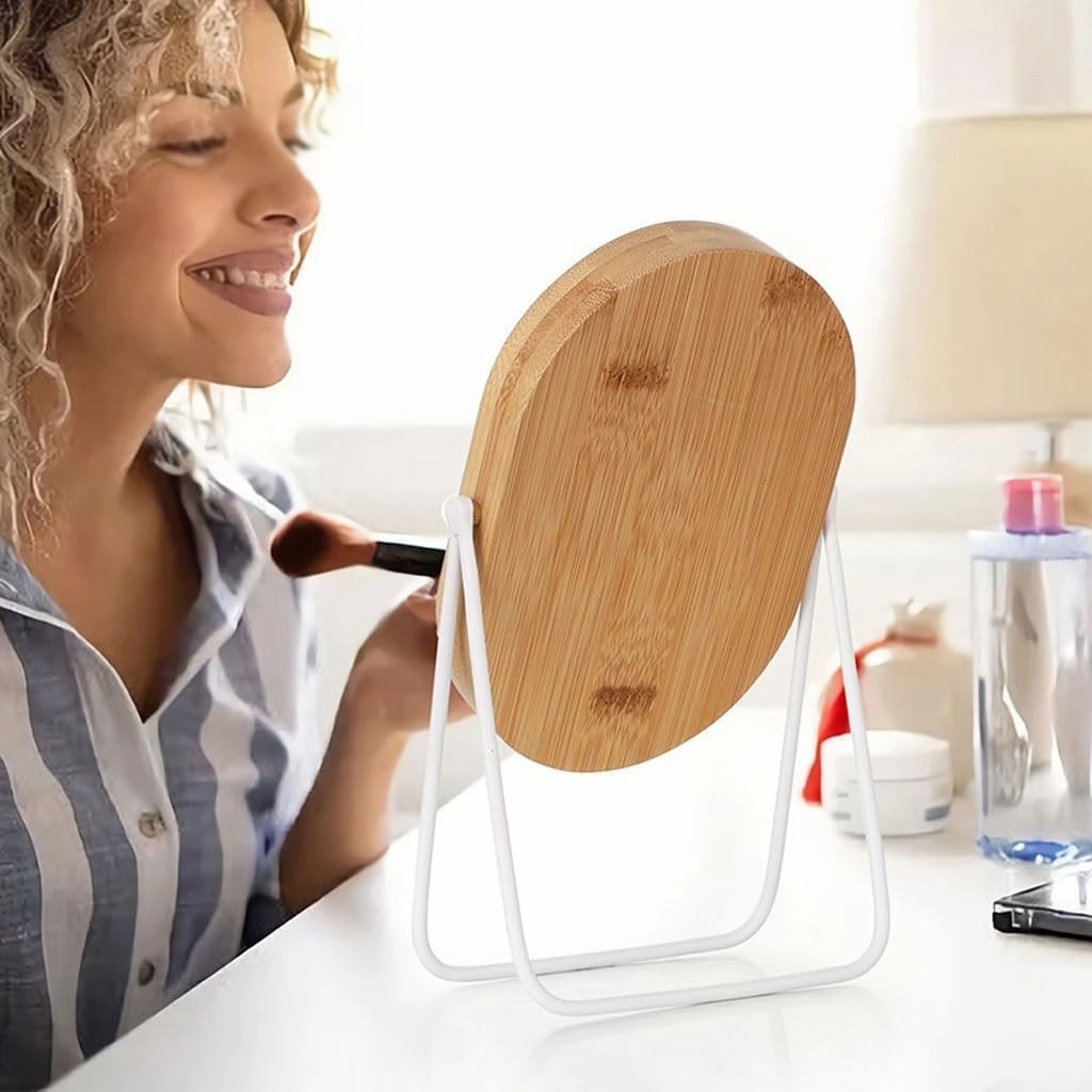 Table Desk Vanity Makeup Mirror Desktop Desktop Metal Stand Bamboo Oval One-Way Mirror Cosmetic Mirror Rotatable Portable Cosmetic Mirror Portable Small Cosmetic Mirror