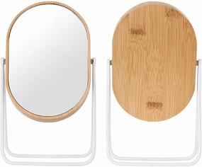 Table Desk Vanity Makeup Mirror Desktop Desktop Metal Stand Bamboo Oval One-Way Mirror Cosmetic Mirror Rotatable Portable Cosmetic Mirror Portable Small Cosmetic Mirror