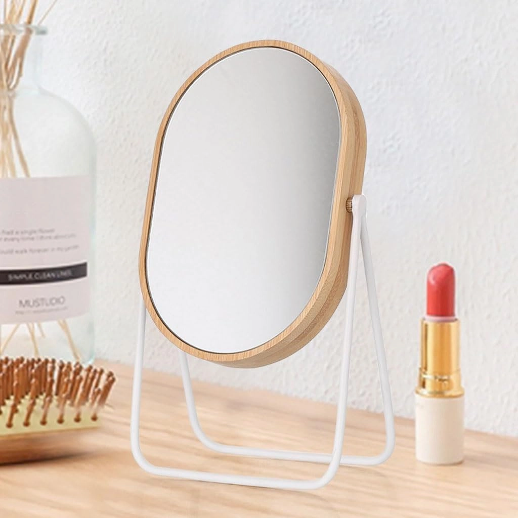 Table Desk Vanity Makeup Mirror Desktop Desktop Metal Stand Bamboo Oval One-Way Mirror Cosmetic Mirror Rotatable Portable Cosmetic Mirror Portable Small Cosmetic Mirror