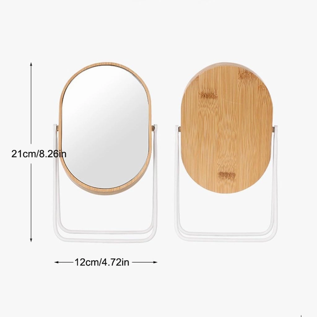 Table Desk Vanity Makeup Mirror Desktop Desktop Metal Stand Bamboo Oval One-Way Mirror Cosmetic Mirror Rotatable Portable Cosmetic Mirror Portable Small Cosmetic Mirror