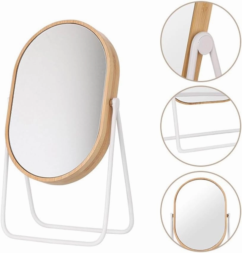 Table Desk Vanity Makeup Mirror Desktop Desktop Metal Stand Bamboo Oval One-Way Mirror Cosmetic Mirror Rotatable Portable Cosmetic Mirror Portable Small Cosmetic Mirror