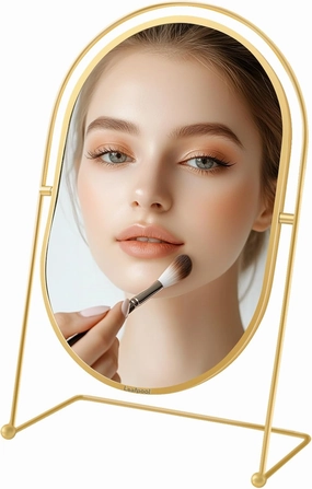 Tabletop Makeup Mirror for Desk, Adjustable Personal Compact Mirrors Rotation Vintage Oval Desk Gold Table Vanity Make Up Mirror for Women