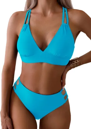 Tainehs Women's Push Up V Neck Bikini Sets Criss Cross Back Two Piece Bathing Suit