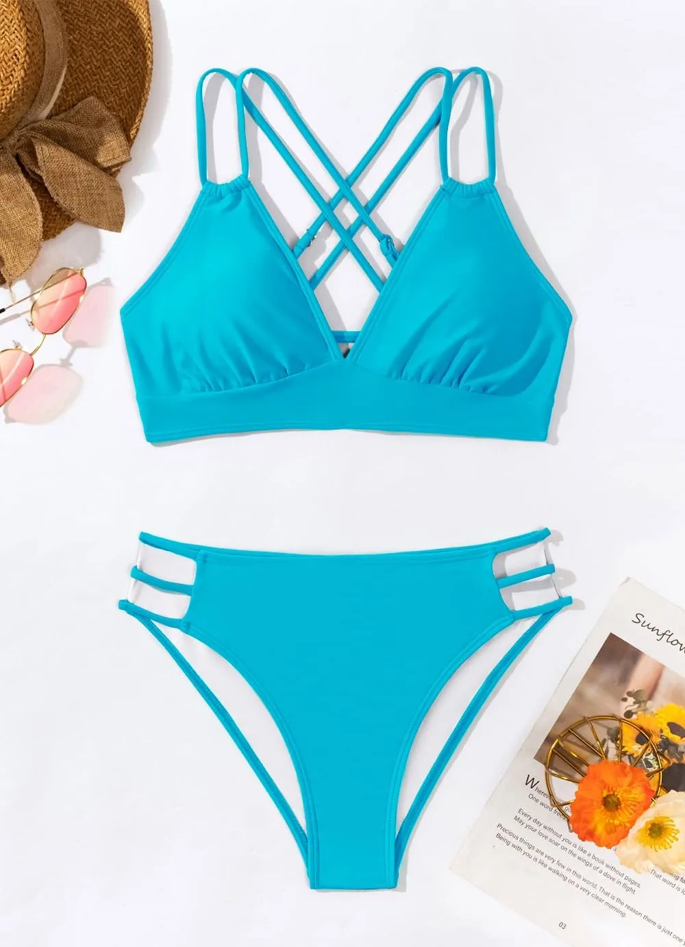 Tainehs Women's Push Up V Neck Bikini Sets Criss Cross Back Two Piece Bathing Suit