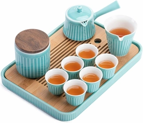 Tea Set, Tea Sets Ceramic Tea Sets Package Includes Teapot Teacups Tea Canister Bamboo Tea Tray Communal Cup Package Three Colors to Choose Coffee Set