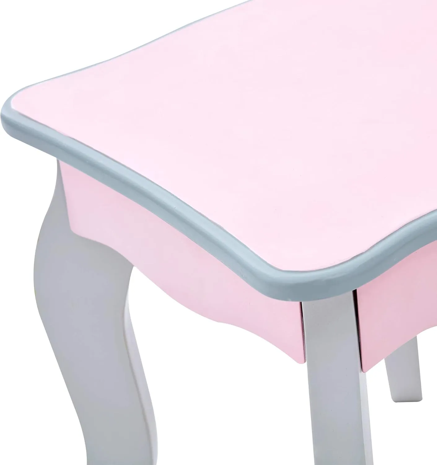 Teamson Kids Princess Rapunzel Wooden 2-pc. Play Vanity Set with Three Storage Drawers, Rotating Oval Mirror and Matching Stool to Play Dress-Up, Princess or Beauty Salon, Pink and Gray