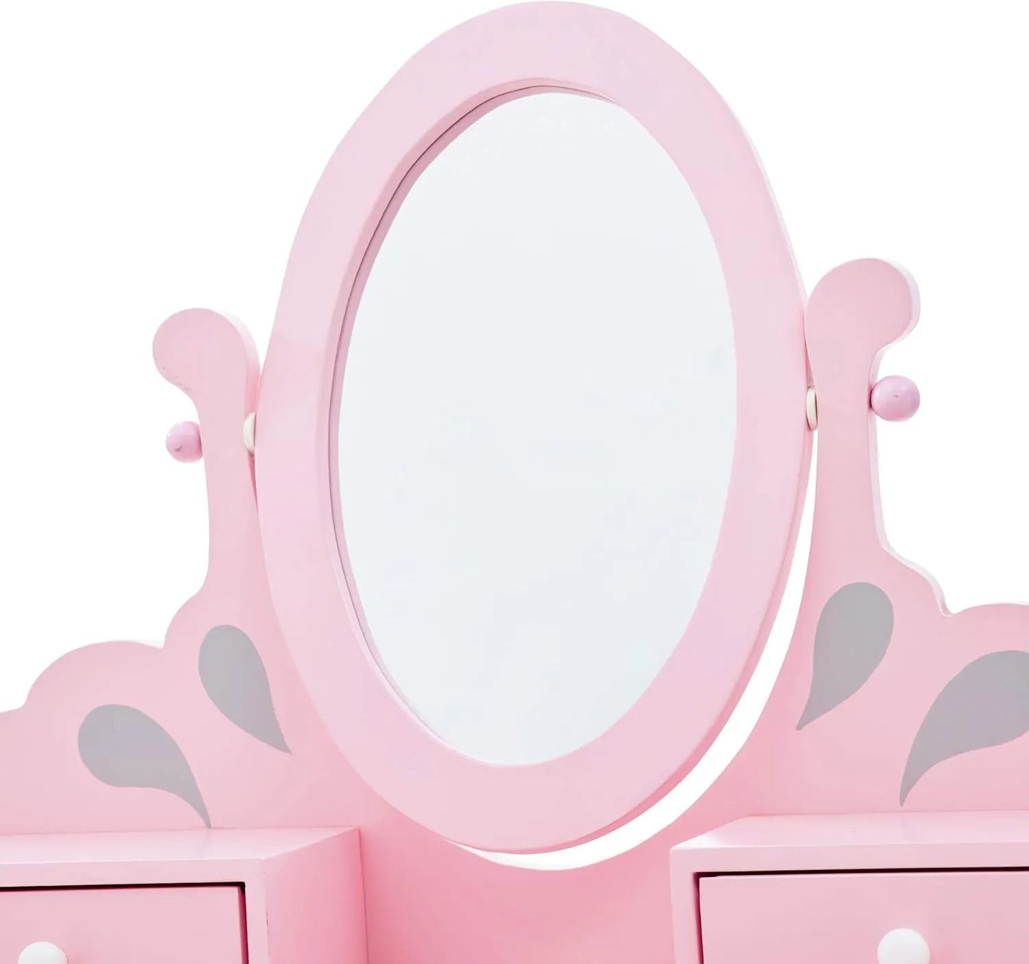 Teamson Kids Princess Rapunzel Wooden 2-pc. Play Vanity Set with Three Storage Drawers, Rotating Oval Mirror and Matching Stool to Play Dress-Up, Princess or Beauty Salon, Pink and Gray