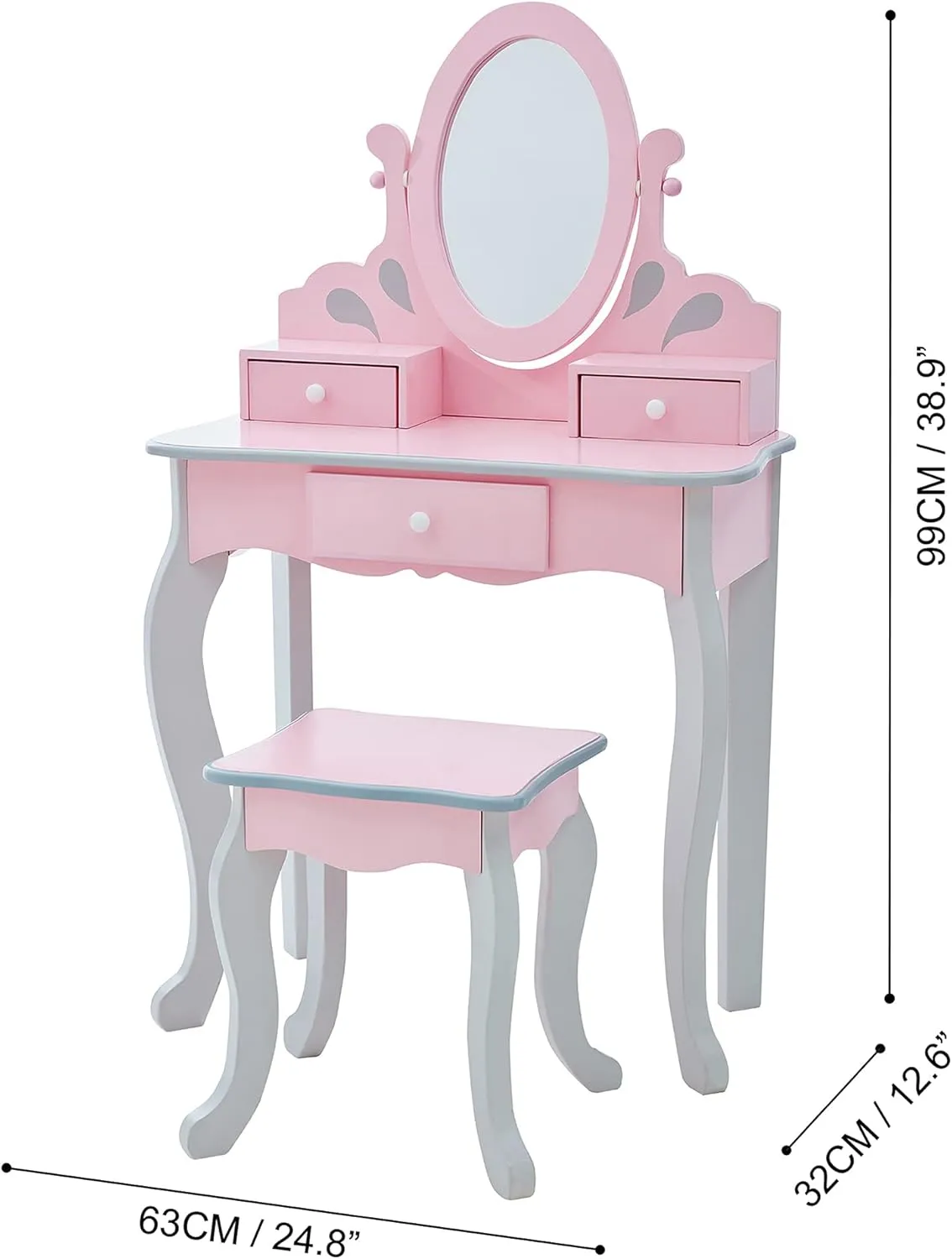 Teamson Kids Princess Rapunzel Wooden 2-pc. Play Vanity Set with Three Storage Drawers, Rotating Oval Mirror and Matching Stool to Play Dress-Up, Princess or Beauty Salon, Pink and Gray