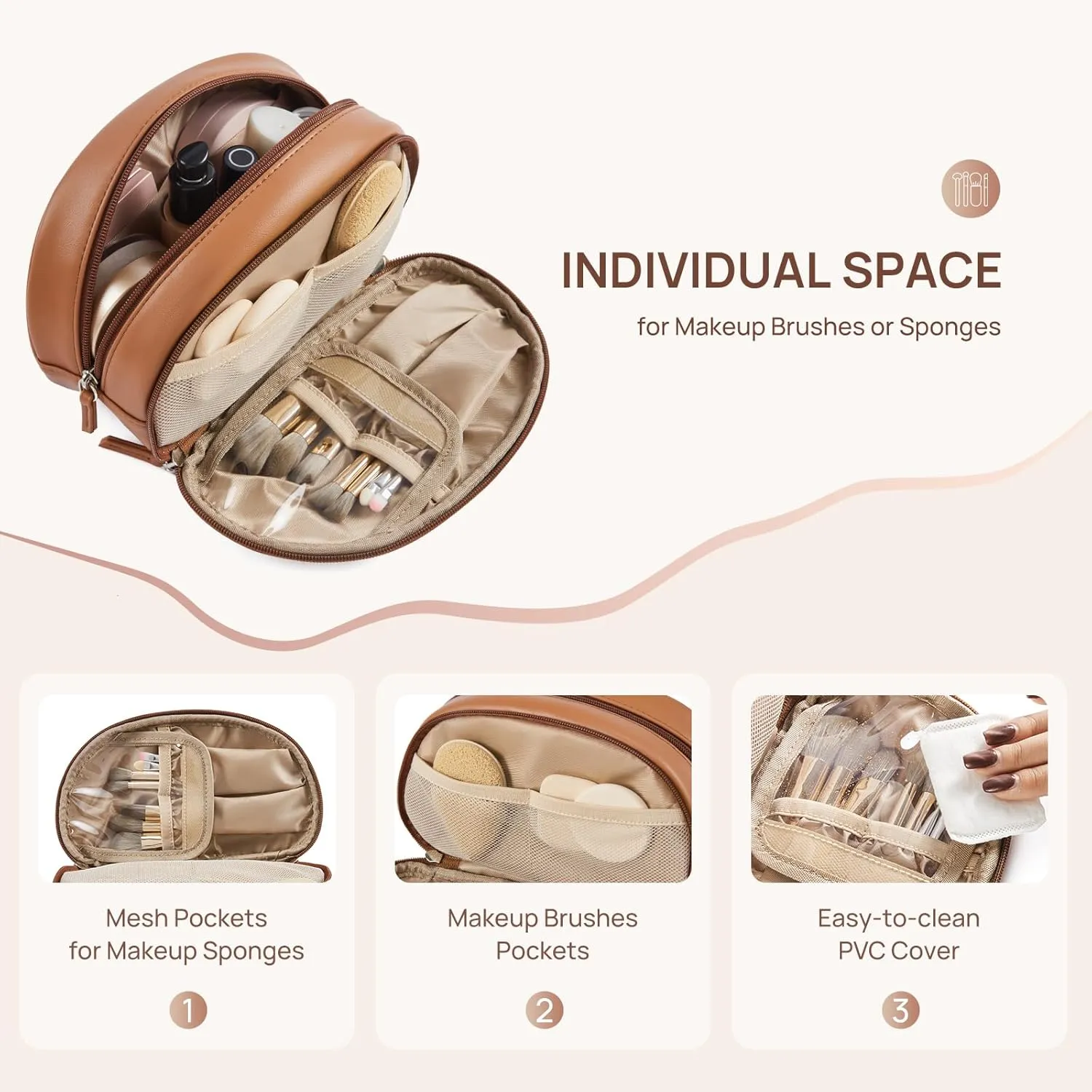 Telena Medium Makeup Bag, Travel Make Up Bag for Women, Vegan Leather Cosmetic Bag for Travel Essentials