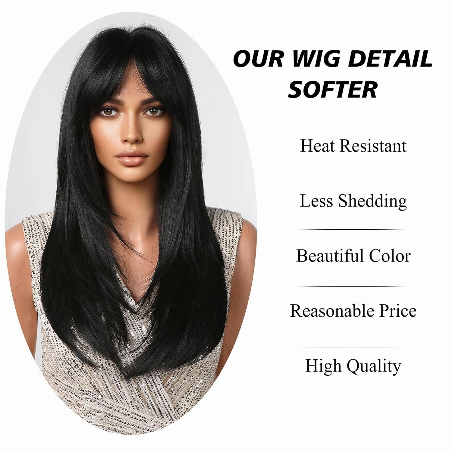 testar Black Wigs For Women Long Straight Black Wigs With Curtain Bangs Synthetic Heat Resistant Layered Wig Natural Looking Wigs For Daily Party Use 24 Inch
