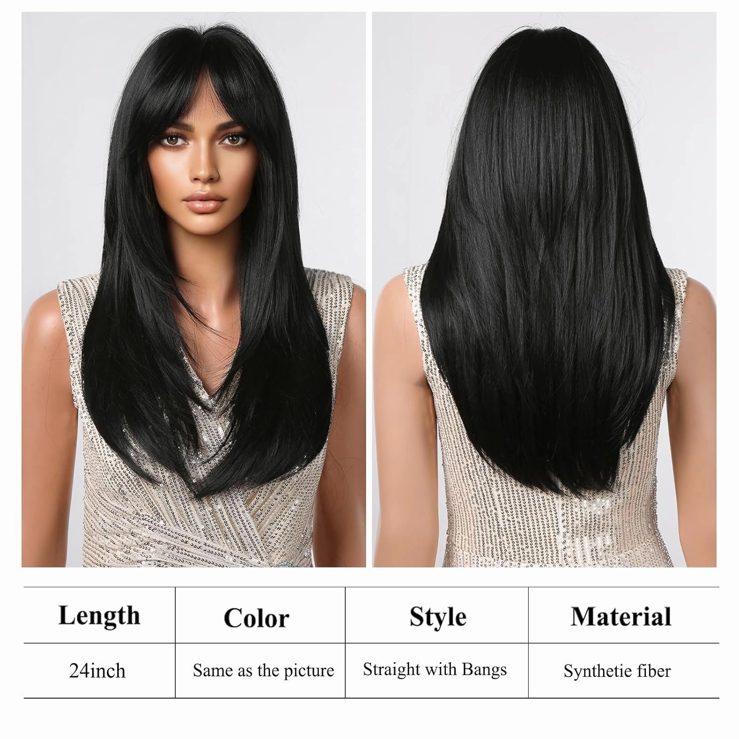 testar Black Wigs For Women Long Straight Black Wigs With Curtain Bangs Synthetic Heat Resistant Layered Wig Natural Looking Wigs For Daily Party Use 24 Inch