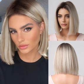 testar Blonde Wig for White Women Bob Wigs With Blonde Highlights Short Middle Part 14 Inch Lace Hairline Wigs Heat Resistant Synthetic Wig for Girls Cosplay (Blonde)