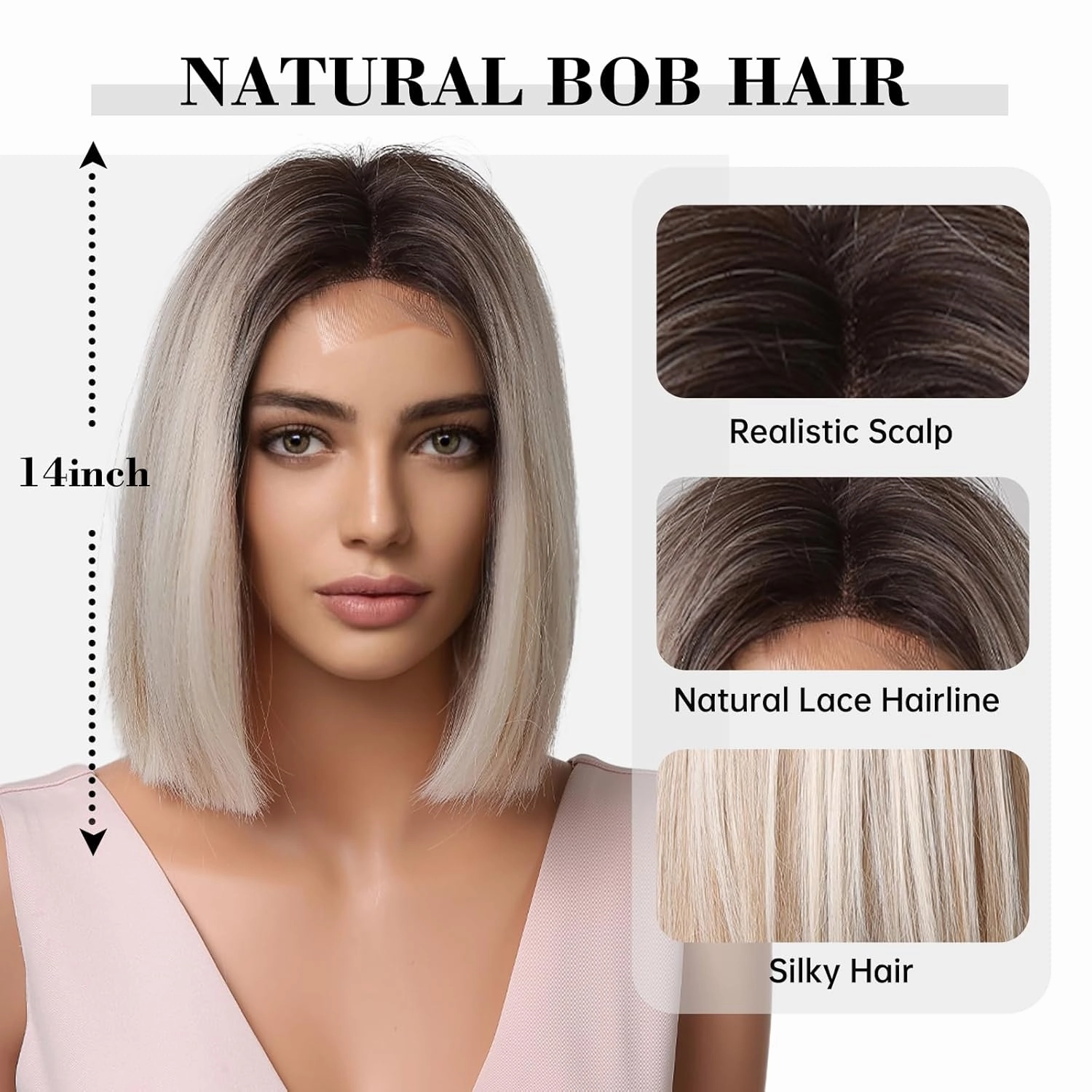 testar Blonde Wig for White Women Bob Wigs With Blonde Highlights Short Middle Part 14 Inch Lace Hairline Wigs Heat Resistant Synthetic Wig for Girls Cosplay (Blonde)