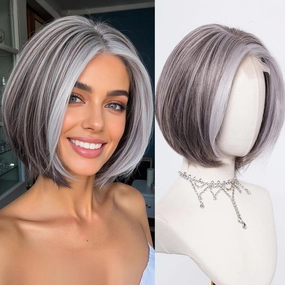 testar Grey Wig for Women Short Salt and Pepper Wigs Straight Grey Mixed White Wigs12 Inch Natural Lace Hairline Wigs Synthetic Wig for Older Women (Gray White Highlights)