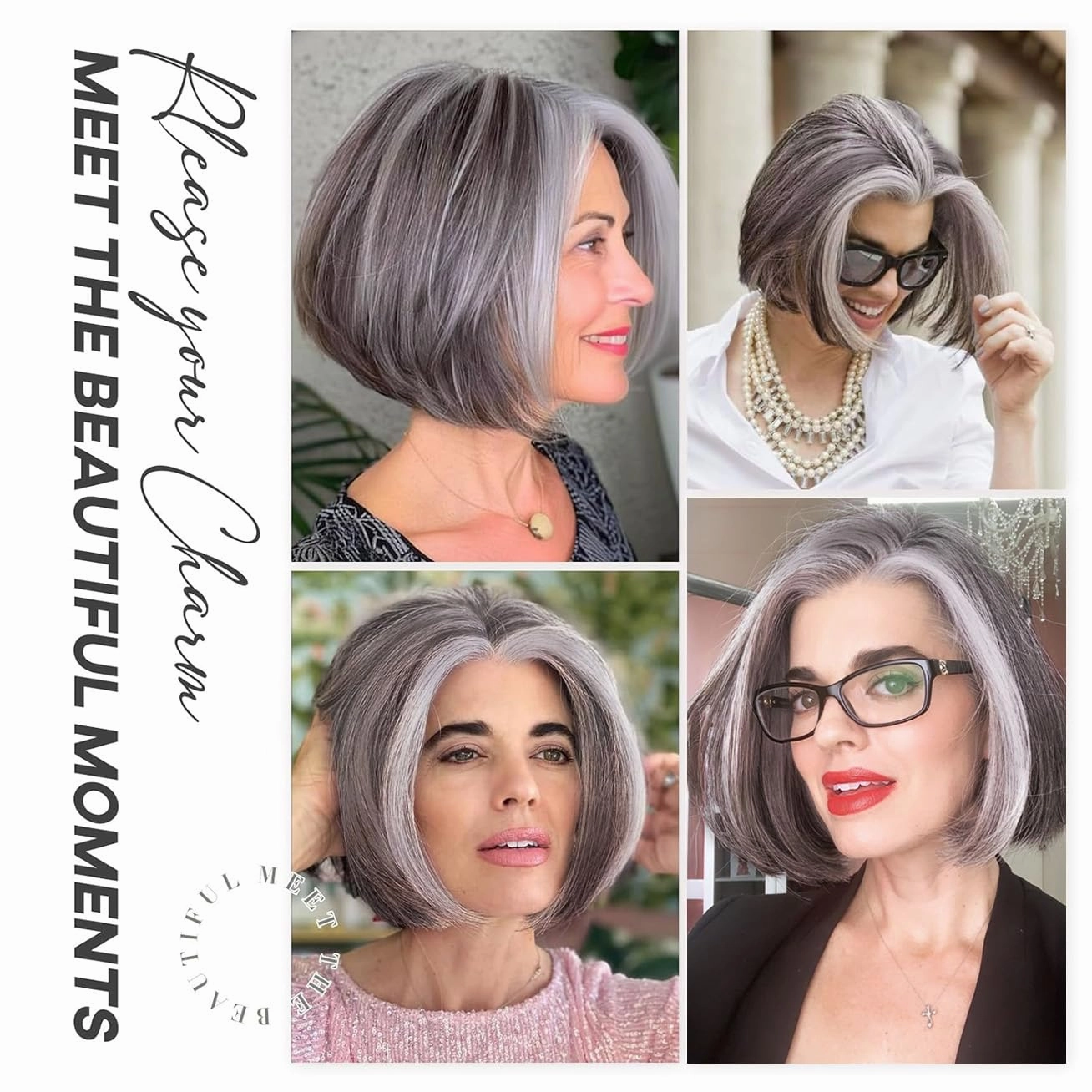 testar Grey Wig for Women Short Salt and Pepper Wigs Straight Grey Mixed White Wigs12 Inch Natural Lace Hairline Wigs Synthetic Wig for Older Women (Gray White Highlights)