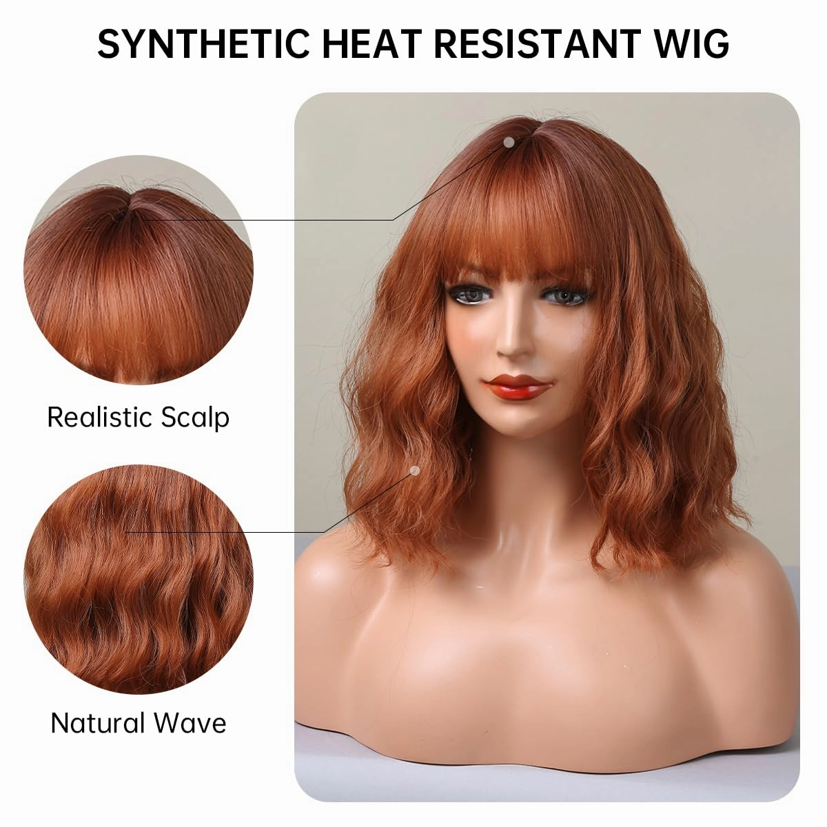 testar Short Orange Wavy Bob Wigs for White Women Auburn Copper Bob Wigs With Bangs Wave Bob Curly Wigs Synthetic Daily Use Colorful Cosplay Wig 14IN