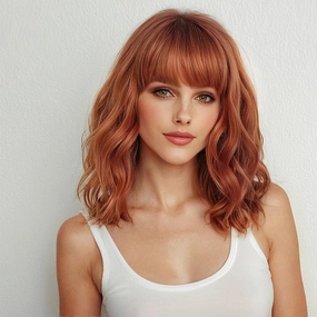 testar Short Orange Wavy Bob Wigs for White Women Auburn Copper Bob Wigs With Bangs Wave Bob Curly Wigs Synthetic Daily Use Colorful Cosplay Wig 14IN