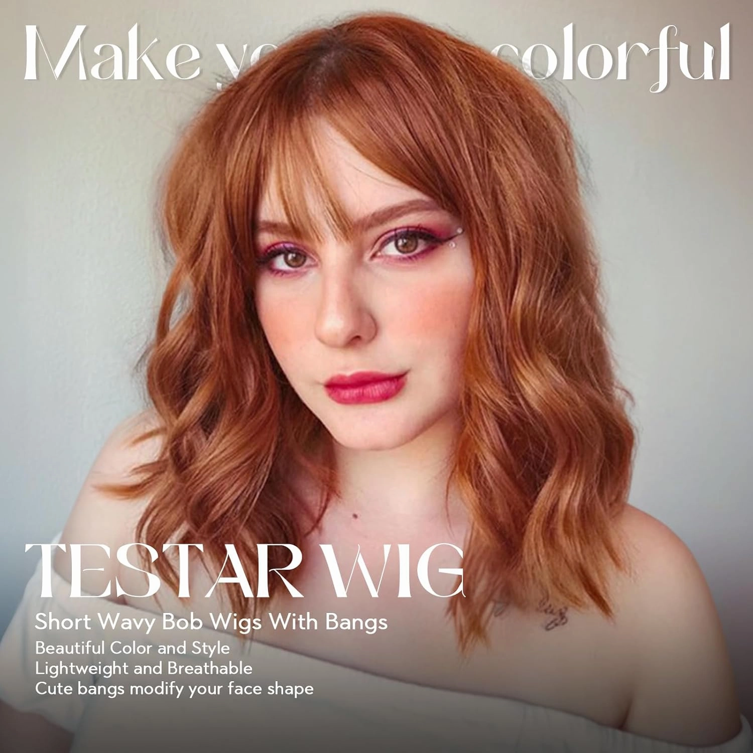 testar Short Orange Wavy Bob Wigs for White Women Auburn Copper Bob Wigs With Bangs Wave Bob Curly Wigs Synthetic Daily Use Colorful Cosplay Wig 14IN