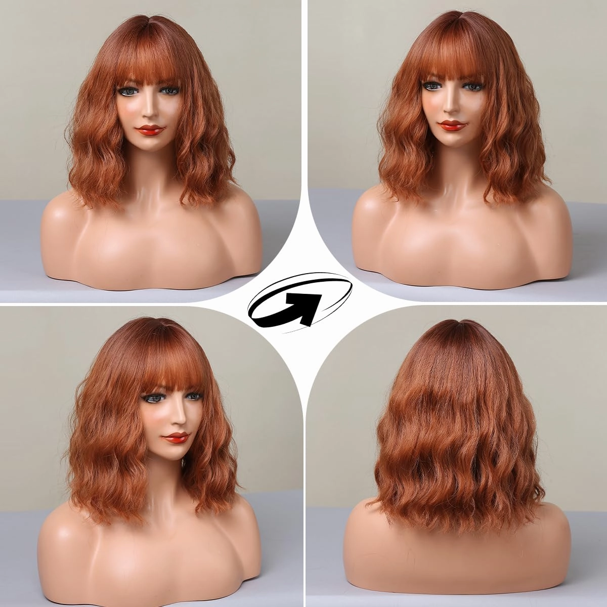 testar Short Orange Wavy Bob Wigs for White Women Auburn Copper Bob Wigs With Bangs Wave Bob Curly Wigs Synthetic Daily Use Colorful Cosplay Wig 14IN