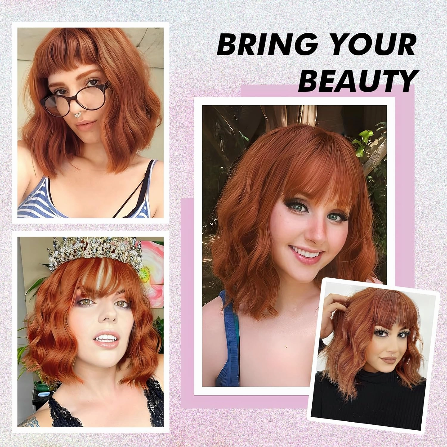 testar Short Orange Wavy Bob Wigs for White Women Auburn Copper Bob Wigs With Bangs Wave Bob Curly Wigs Synthetic Daily Use Colorful Cosplay Wig 14IN