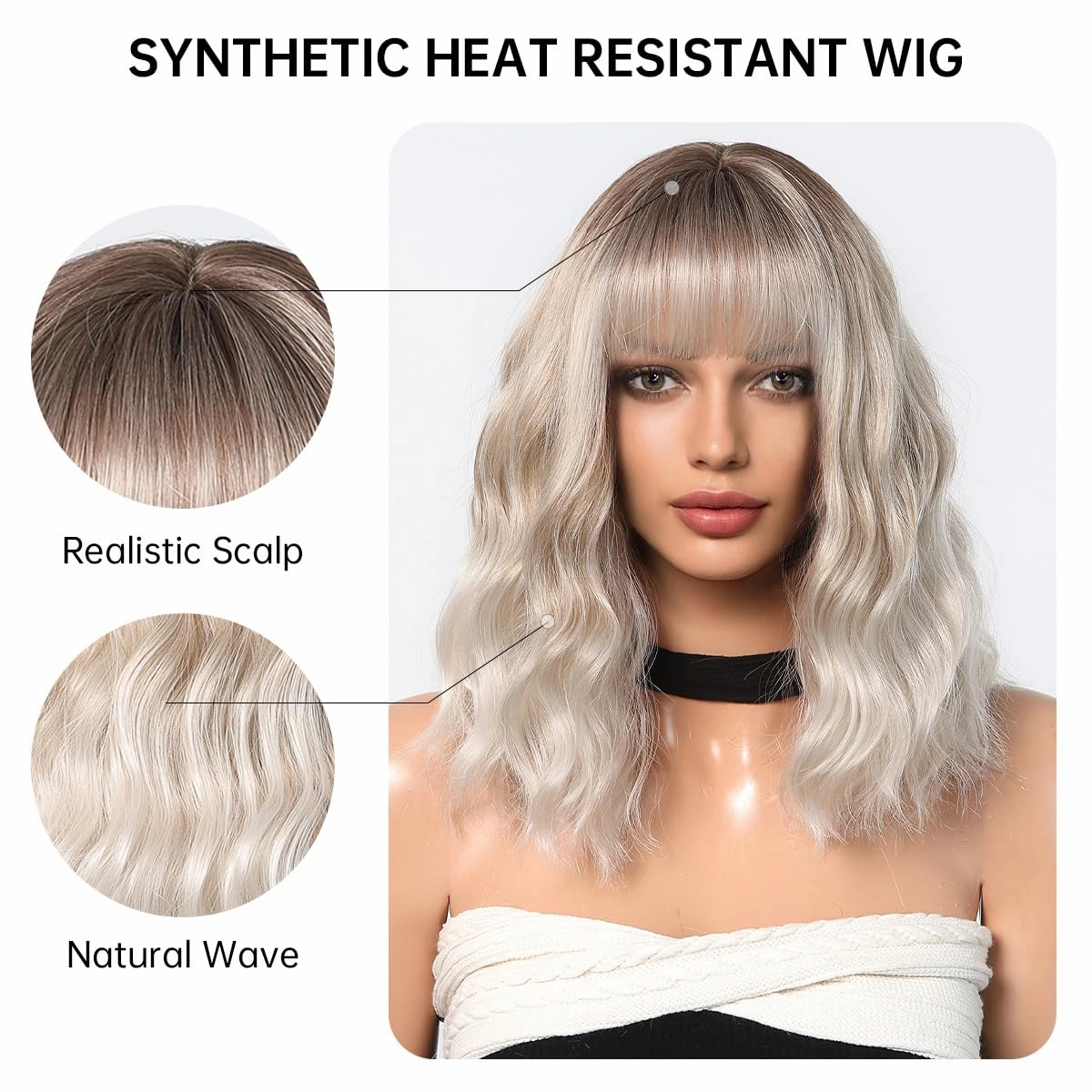 testar Short Wavy Bob Gray Silver Wigs For White Women Platinum Curly Bob Wigs With Bangs Grey Wave Bob Wig Synthetic Curly Wigs for Daily Party Use 14IN