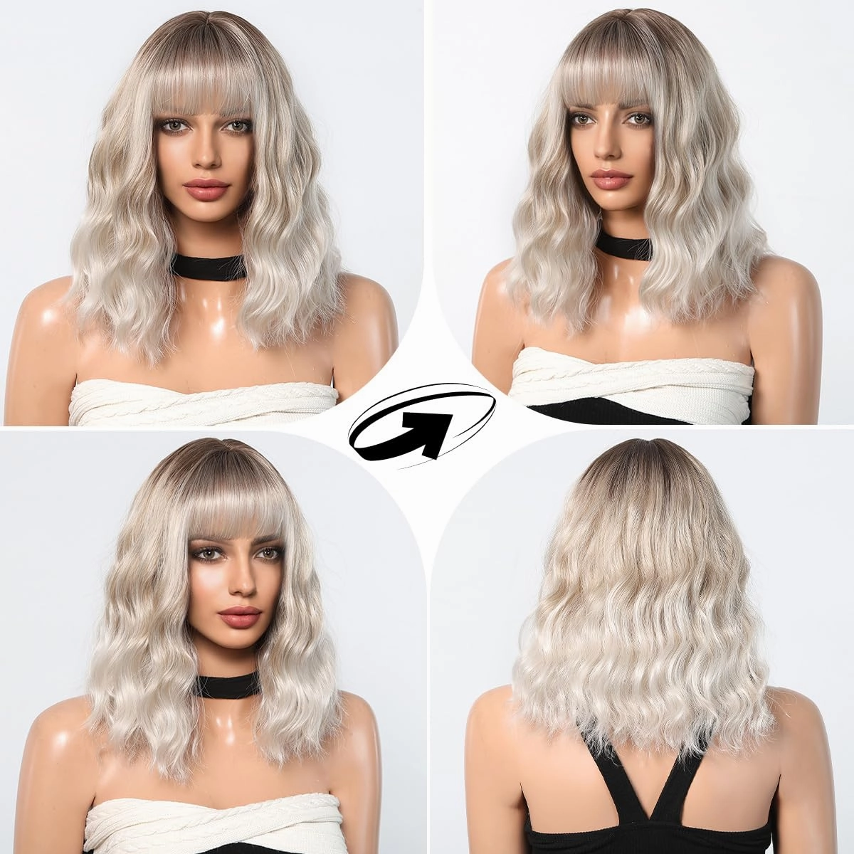 testar Short Wavy Bob Gray Silver Wigs For White Women Platinum Curly Bob Wigs With Bangs Grey Wave Bob Wig Synthetic Curly Wigs for Daily Party Use 14IN