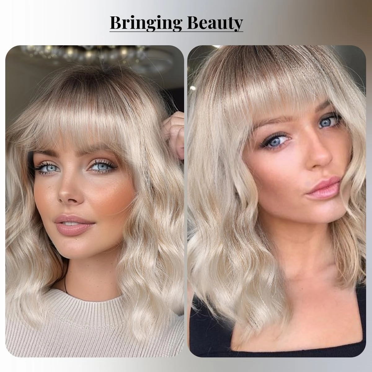 testar Short Wavy Bob Gray Silver Wigs For White Women Platinum Curly Bob Wigs With Bangs Grey Wave Bob Wig Synthetic Curly Wigs for Daily Party Use 14IN