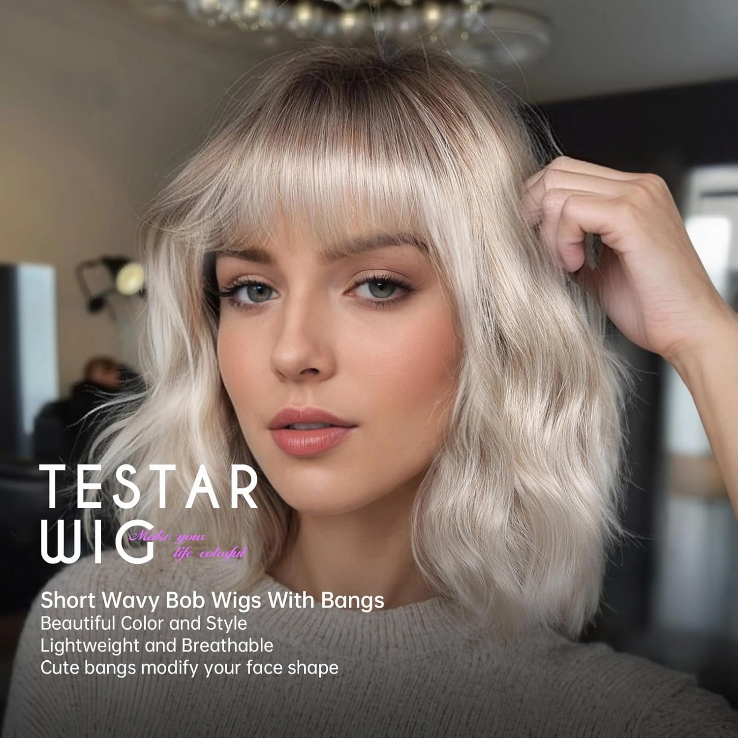 testar Short Wavy Bob Gray Silver Wigs For White Women Platinum Curly Bob Wigs With Bangs Grey Wave Bob Wig Synthetic Curly Wigs for Daily Party Use 14IN