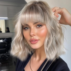testar Short Wavy Bob Gray Silver Wigs For White Women Platinum Curly Bob Wigs With Bangs Grey Wave Bob Wig Synthetic Curly Wigs for Daily Party Use 14IN
