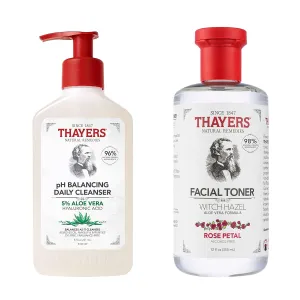THAYERS Alcohol-Free, Hydrating, Rose Petal Toner with Aloe Vera Formula, 12 FL Oz   Thayers pH Balancing Daily Cleanser, Face Wash with Aloe Vera, Gentle and Hydrating Skincare, 8 FL Oz