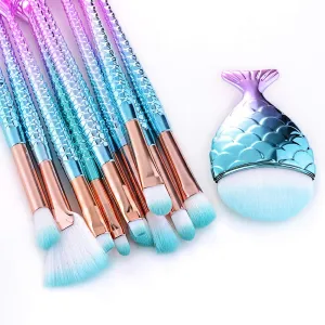 The Original Mermaid Makeup Brush Set, Light Blue Design, 11 Pcs, Travel Bag Included (Mermaid Themed)