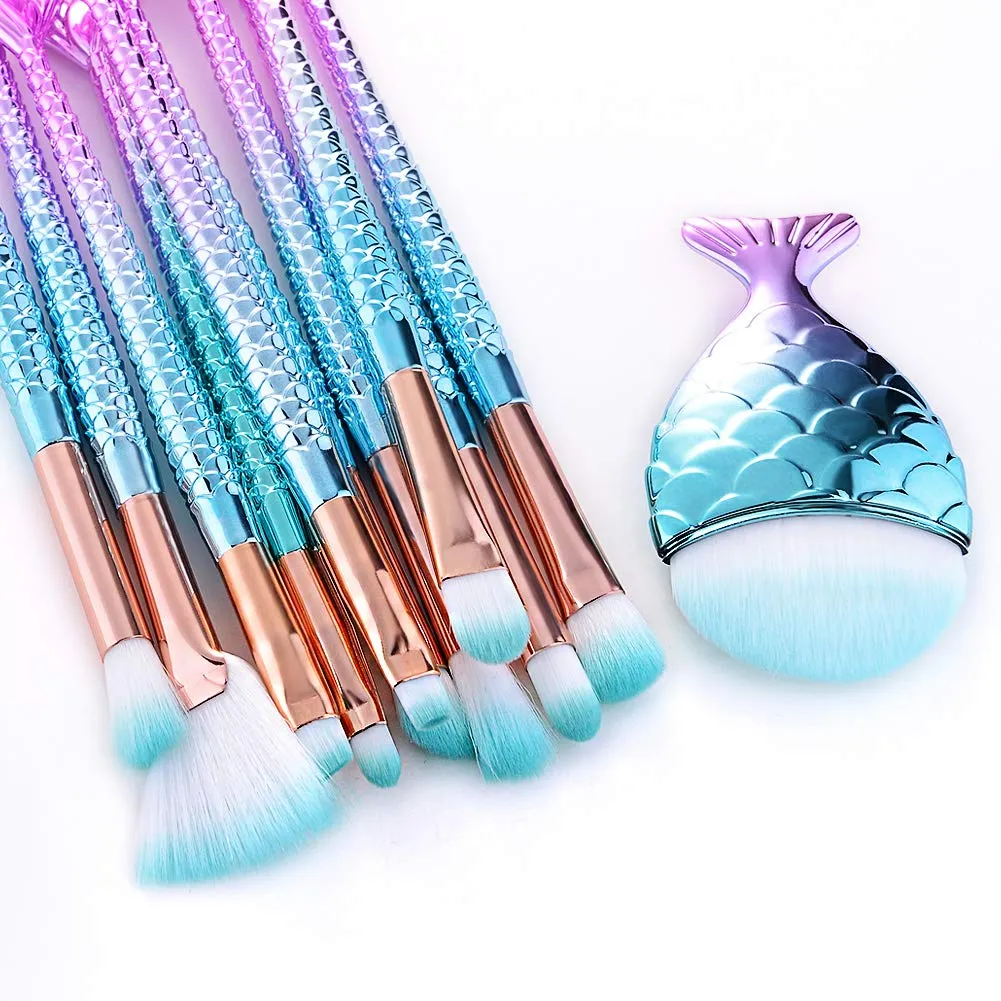The Original Mermaid Makeup Brush Set, Light Blue Design, 11 Pcs, Travel Bag Included (Mermaid Themed)