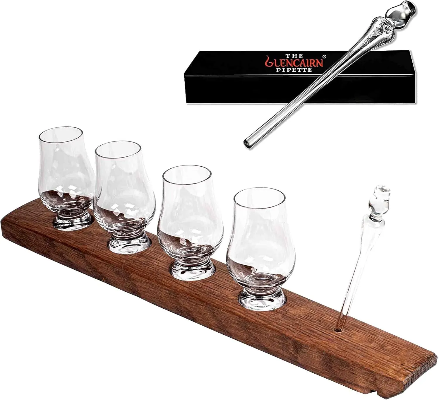 The Wee Glencairn Whiskey Flight Stave - Crystal Bourbon Glass Kit with Reclaimed Oak Barrel Stave Serving Tray, Mini Glen Cairn Whisky Glass Set of 4 & Whiskey Pipette Dropper