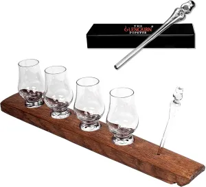 The Wee Glencairn Whiskey Flight Stave - Crystal Bourbon Glass Kit with Reclaimed Oak Barrel Stave Serving Tray, Mini Glen Cairn Whisky Glass Set of 4 & Whiskey Pipette Dropper