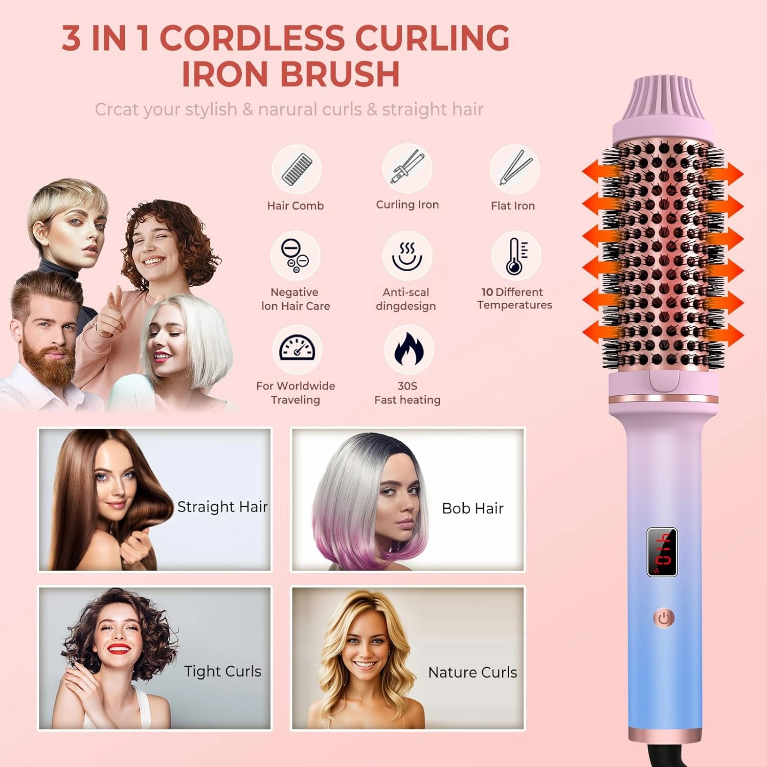 Thermal Brush,10 Temperatures LCD Display Upgrade to 400°F 1.5 in Heated Round Brush Curling Iron Heated Ceramic Tourmaline Ionic Comb 110-240V Volum