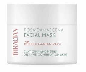 Thracian Bio Rosa Damascena Facial Mask, Natural Gentle Cleansing Clay Mask with Zinc and Bio Bulgarian Rose Water for Blackheads, Acne, Large Pores, Oily Skin, 100 ml, 3.4 Fl Oz
