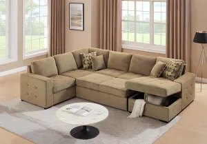 THSUPER 123'' Sectional Sleeper Sofa Couch with Pull Out Bed, Oversized Sleeper Sectional Couches with Storage Chaise U Shape Sofas for Living Room, Brown