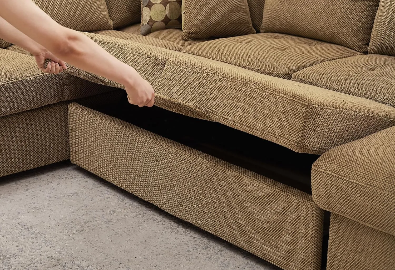 THSUPER 123'' Sectional Sleeper Sofa Couch with Pull Out Bed, Oversized Sleeper Sectional Couches with Storage Chaise U Shape Sofas for Living Room, Brown