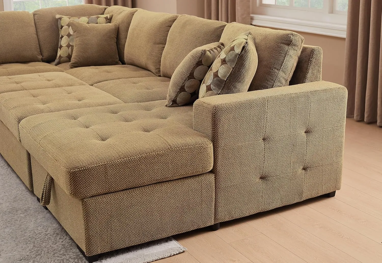 THSUPER 123'' Sectional Sleeper Sofa Couch with Pull Out Bed, Oversized Sleeper Sectional Couches with Storage Chaise U Shape Sofas for Living Room, Brown
