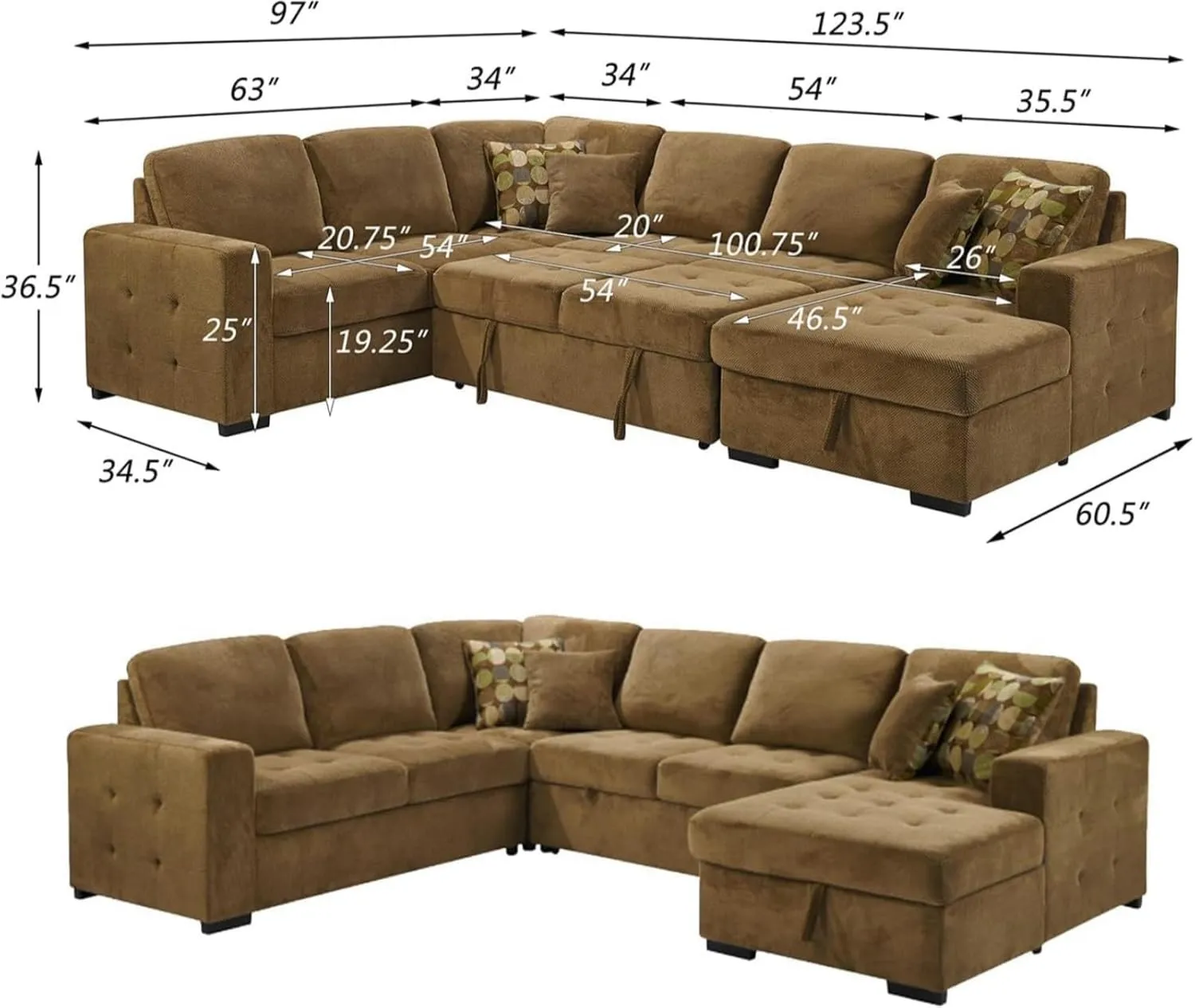 THSUPER 123'' Sectional Sleeper Sofa Couch with Pull Out Bed, Oversized Sleeper Sectional Couches with Storage Chaise U Shape Sofas for Living Room, Brown