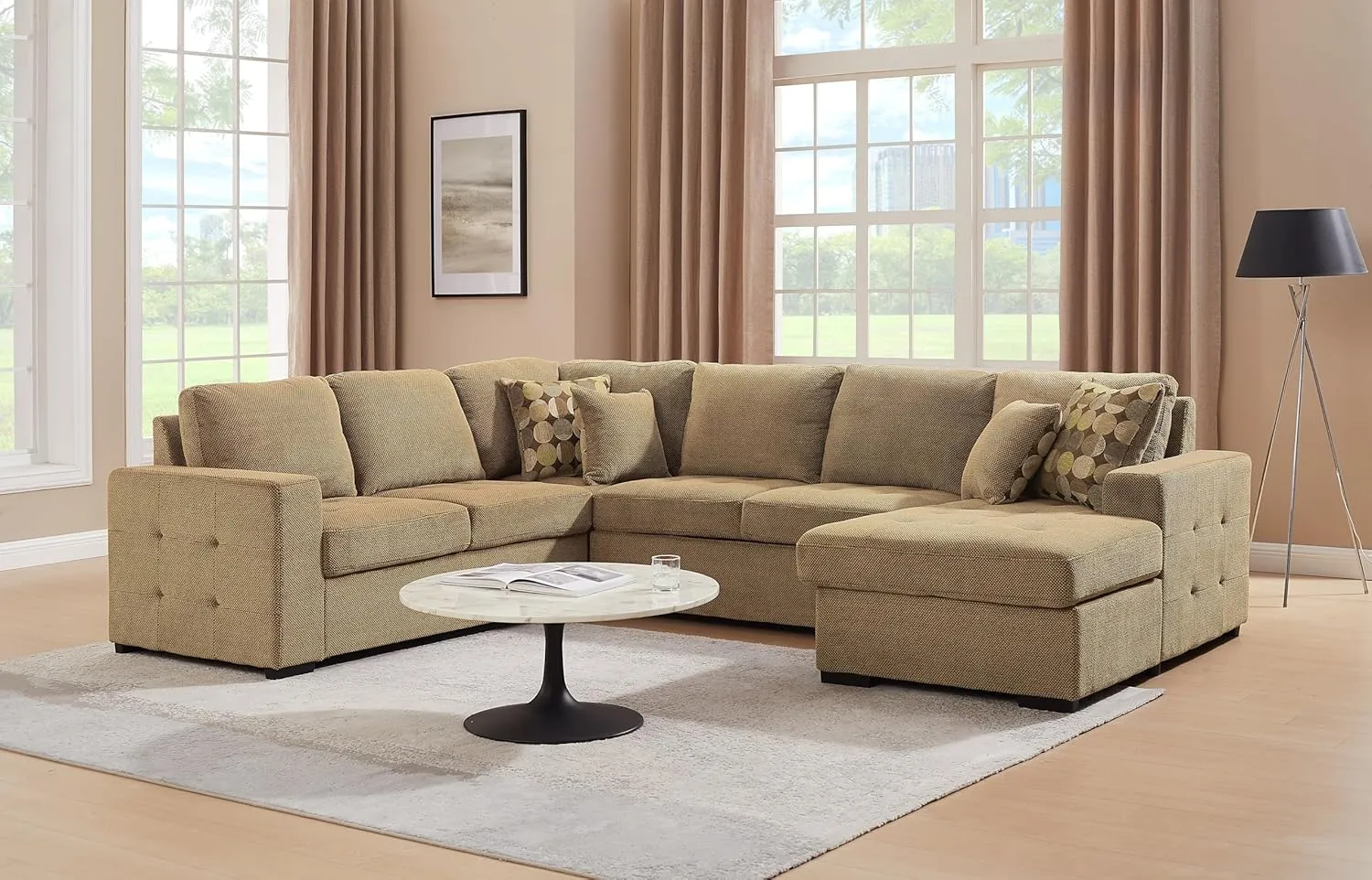 THSUPER 123'' Sectional Sleeper Sofa Couch with Pull Out Bed, Oversized Sleeper Sectional Couches with Storage Chaise U Shape Sofas for Living Room, Brown