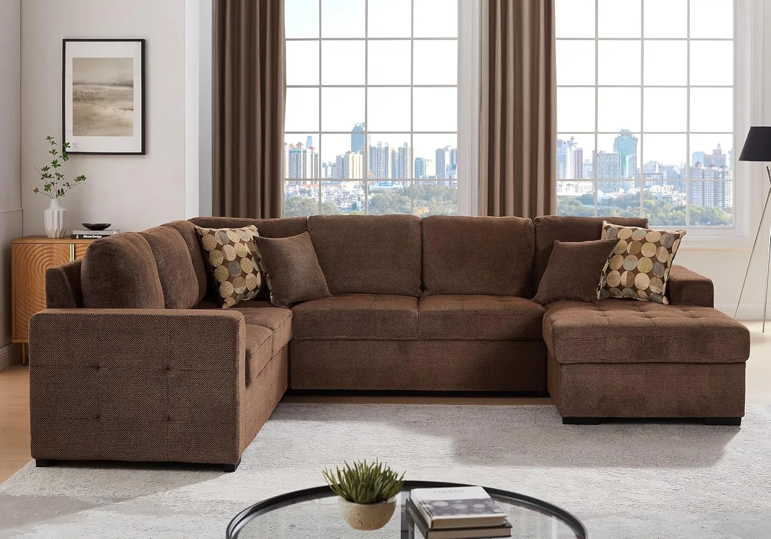 THSUPER 123'' Sectional Sleeper Sofa Couch with Pull Out Bed, Oversized Sleeper Sectional Couchs with Storage Chaise U Shape Sofas for Living Room, Dark Brown