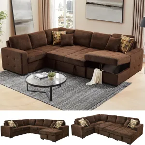 THSUPER 123'' Sectional Sleeper Sofa Couch with Pull Out Bed, Oversized Sleeper Sectional Couchs with Storage Chaise U Shape Sofas for Living Room, Dark Brown