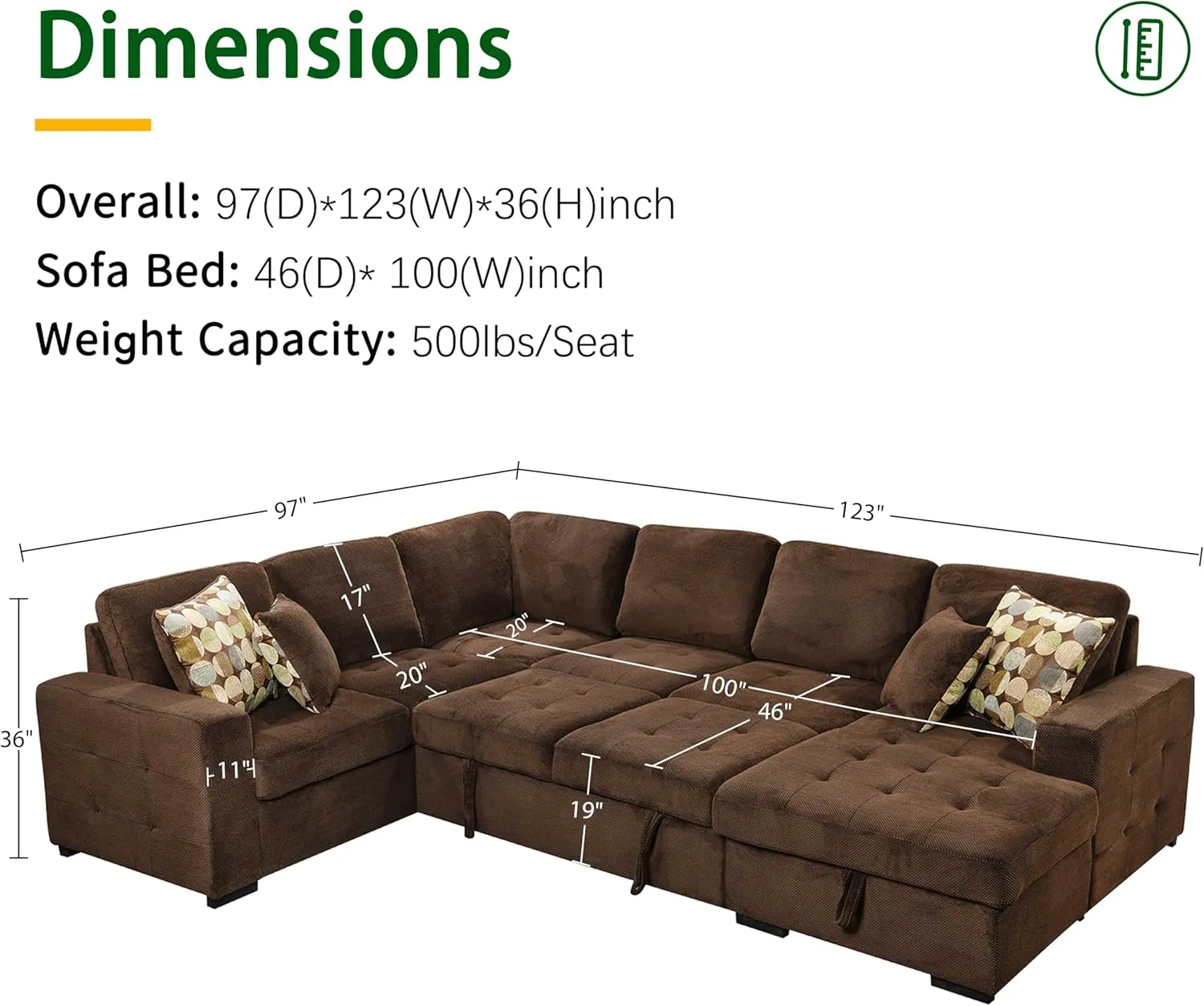 THSUPER 123'' Sectional Sleeper Sofa Couch with Pull Out Bed, Oversized Sleeper Sectional Couchs with Storage Chaise U Shape Sofas for Living Room, Dark Brown