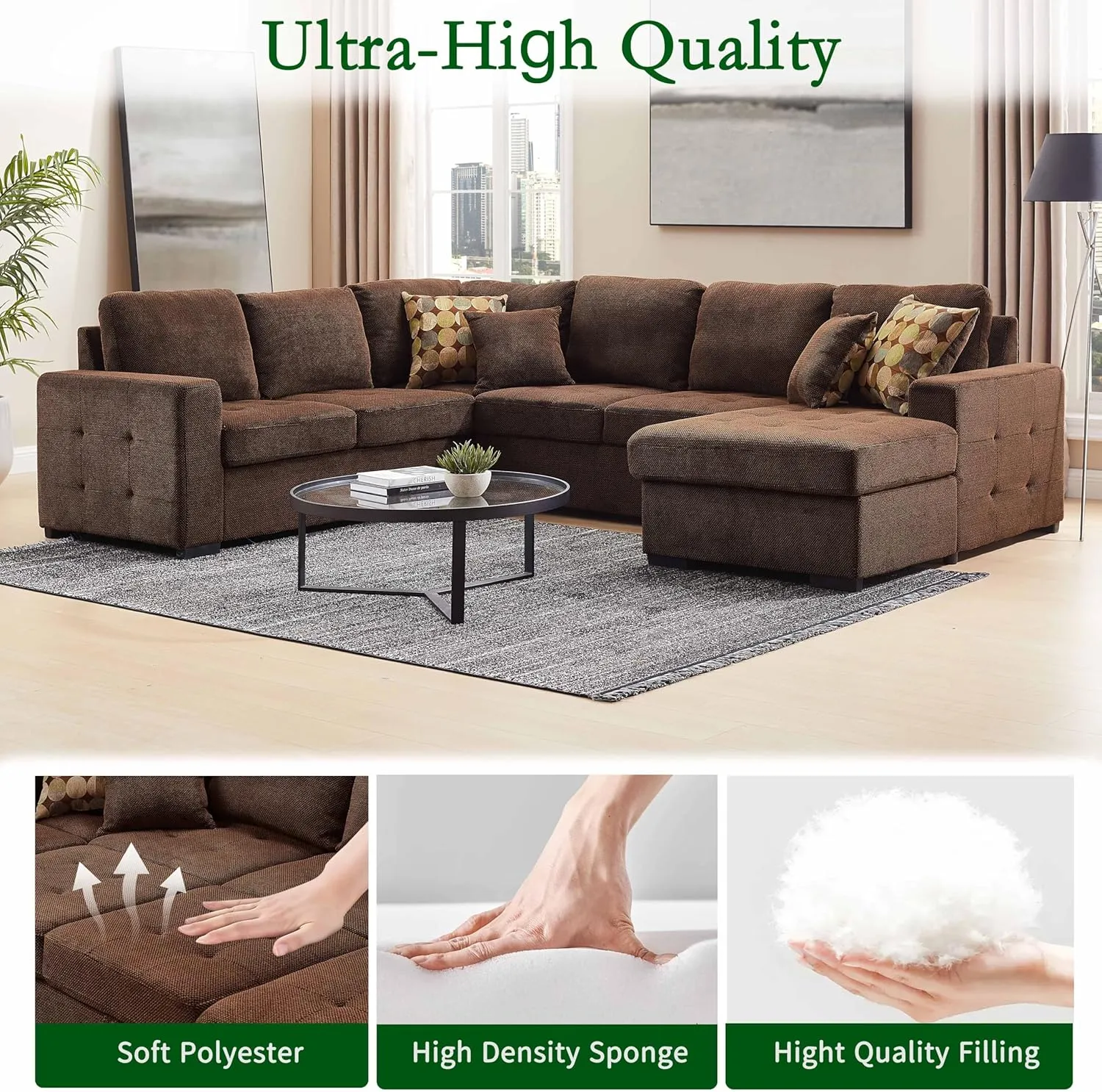THSUPER 123'' Sectional Sleeper Sofa Couch with Pull Out Bed, Oversized Sleeper Sectional Couchs with Storage Chaise U Shape Sofas for Living Room, Dark Brown