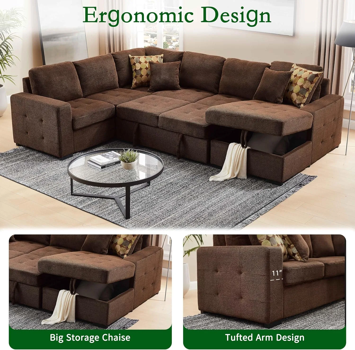 THSUPER 123'' Sectional Sleeper Sofa Couch with Pull Out Bed, Oversized Sleeper Sectional Couchs with Storage Chaise U Shape Sofas for Living Room, Dark Brown