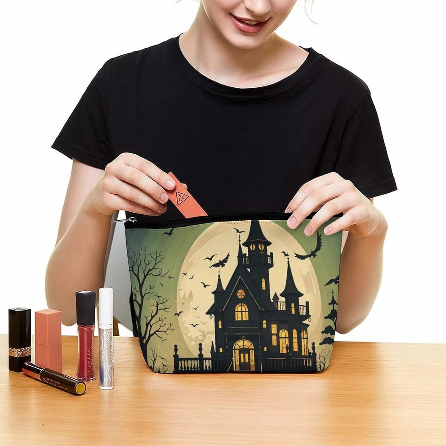 Toiletry Bag for Women Black Haunted Mansion Cosmetic Bag Portable Capacity Travel Makeup Bags with Zipper Lightweight Cute Beauty Makeup Organizer for Traveling, Accessories, Essentials