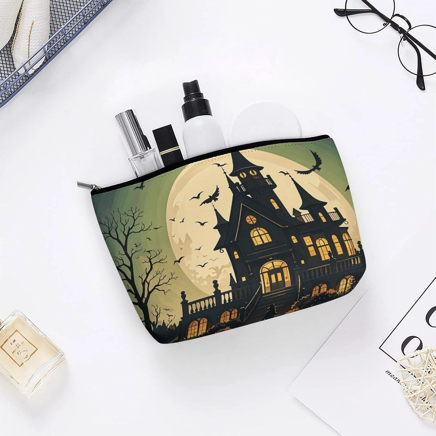 Toiletry Bag for Women Black Haunted Mansion Cosmetic Bag Portable Capacity Travel Makeup Bags with Zipper Lightweight Cute Beauty Makeup Organizer for Traveling, Accessories, Essentials